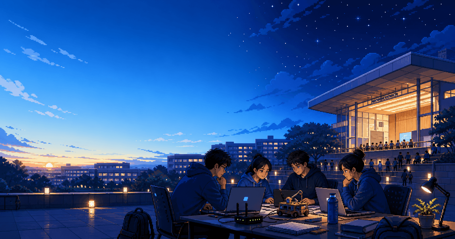 Students collaborating at the HORIZON hackathon venue at sunset